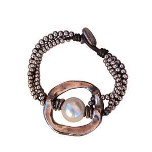 Uno De 50 Women's Silver Tone & Leather Beaded Faux Pearl Bracelet, 7.5 inch